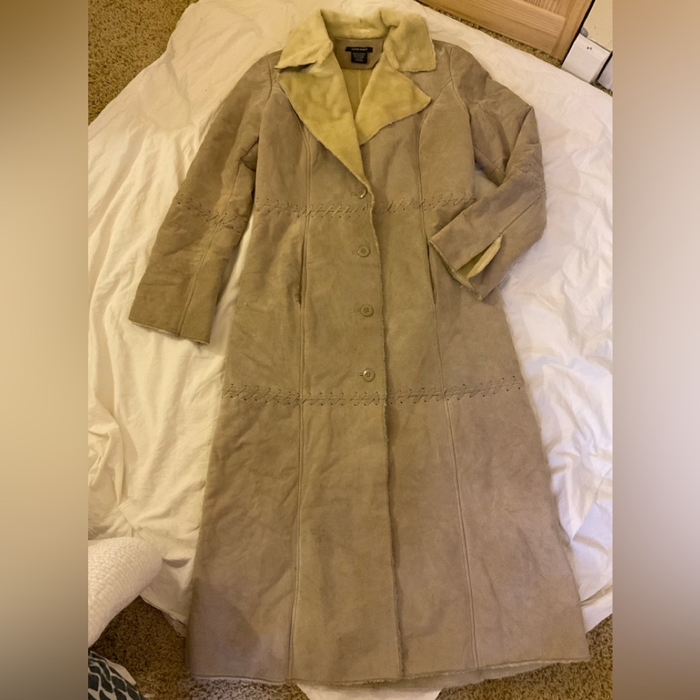 Boston Proper Full Length Suede Coat with Faux Fur Lining - Picture 4 of 8